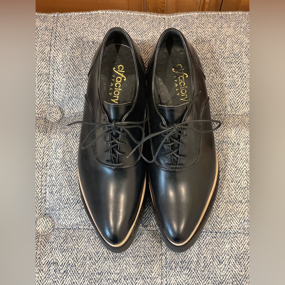 CL Factory shoes from Italy. Black leather with double platform heel. Size 38.